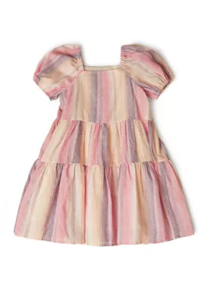 Girls 4-6x Textured Vertical Striped Puff Sleeve Dress