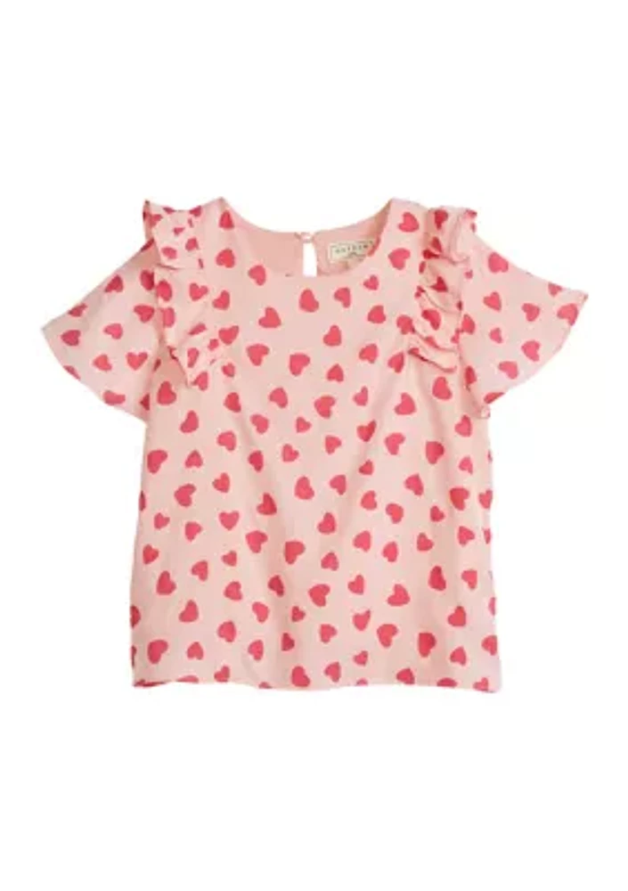 Girls 4-6x Ruffle Shoulder Heart Pink Short Sleeve Top