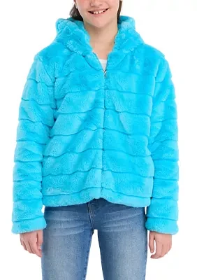 Girls 7-16 Cozy Zip Faux Fur Coat with Line Details