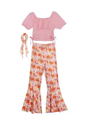 Girls 7-16 Ruched Top and Floral Printed Pants with Scrunchie