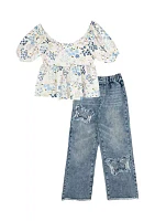 Girls 7-16 Floral Printed Top and Pants Set