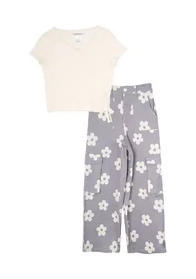 Girls 7-16 Ribbed Knit T-Shirt and Floral Printed Pants Set