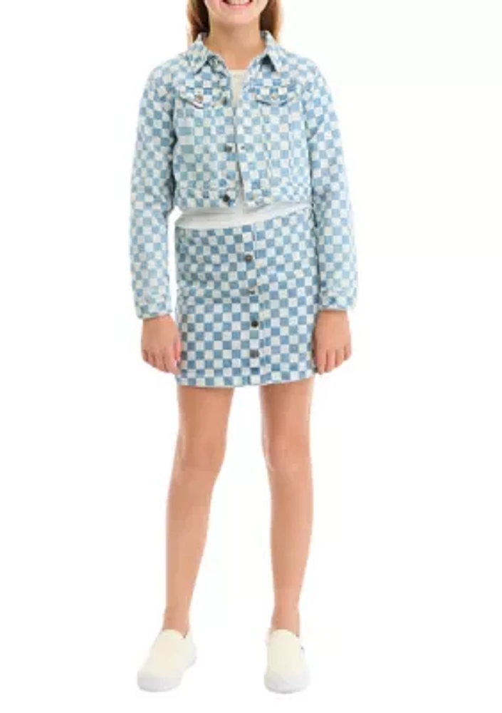 Girls 7-16 Check Printed Denim Jacket and Skort Set