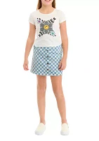 Girls 7-16 Check Printed Denim Jacket and Skort Set