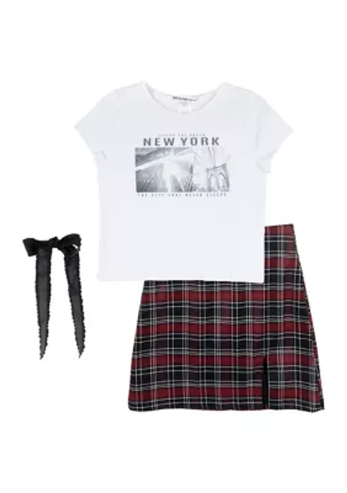 Girls 7-16 T-Shirt and Plaid Printed Skirt