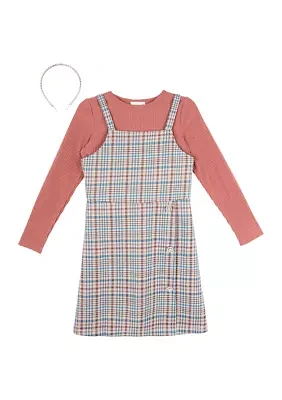 Girls 7-16 Plaid Printed Jumper Dress with Headband