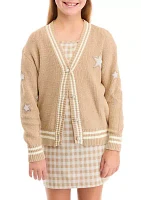 Girls 7-16 Rhinestone Varsity Cardigan and Printed Dress Set