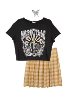 Girls 7-16 Graphic T-Shirt and Plaid Skirt Set