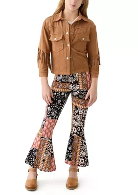 Girls 7-16 Faux Suede Jacket and Printed Pants Set