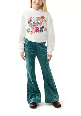 Girls 7-16 Graphic Hoodie and Textured Velvet Flare Pants Set