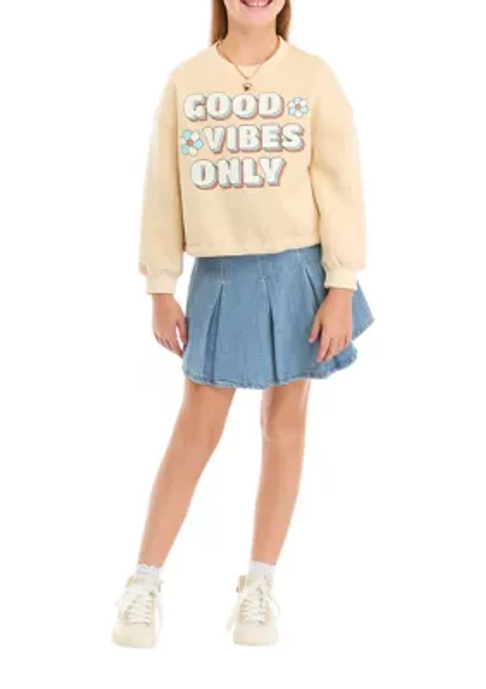 Girls 7-16 Graphic Sweatshirt and Pleated Denim Skirt Set