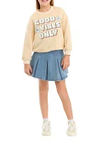 Girls 7-16 Graphic Sweatshirt and Pleated Denim Skirt Set