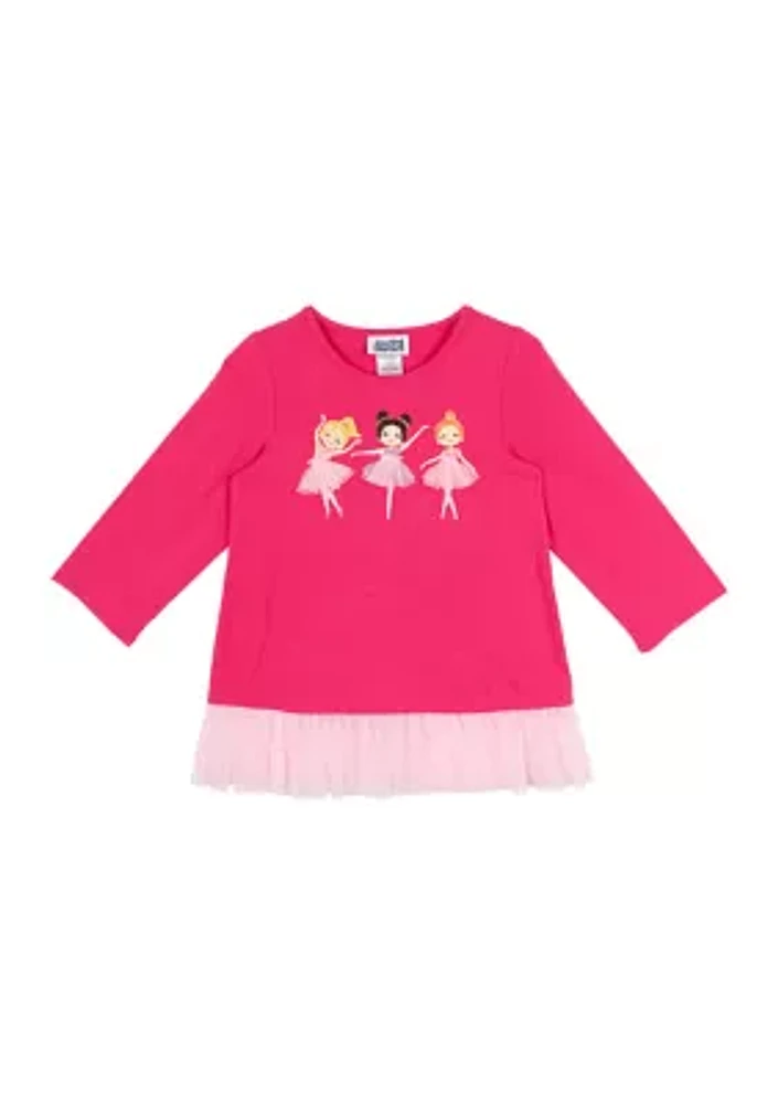 Girls 7-16 Ballerina Graphic Top with Mesh Ruffles