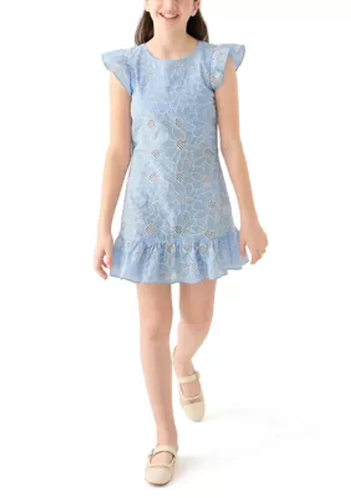 Girls 7-16 Blue Eyelet Dress