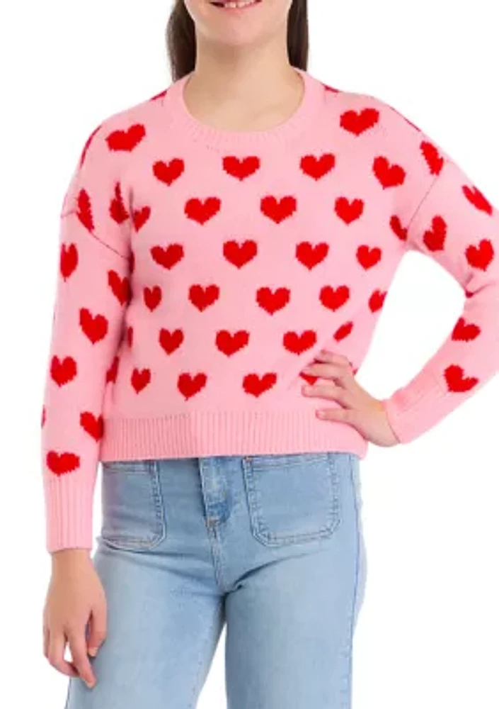 Girls 7-16 Allover Heart Printed Cozy Sweater