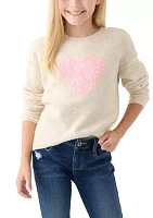 Girls 7-16 Sequin Heart Cozy Crew Neck Sweater