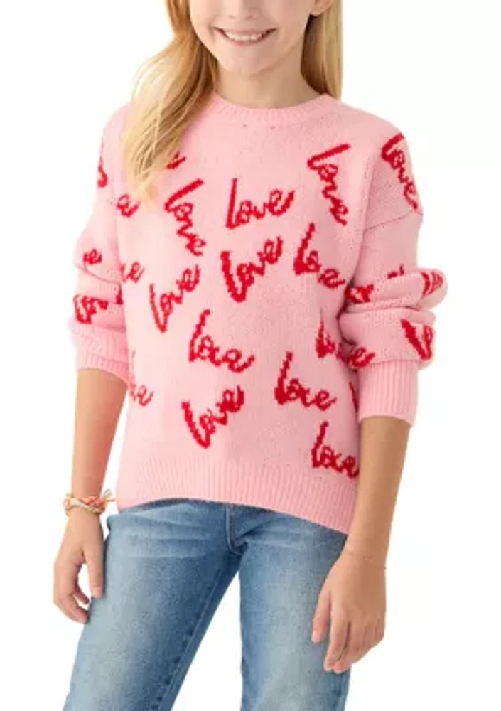 Girls 7-16 Allover Script Love Cozy Crew Neck Sweater