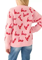 Girls 7-16 Allover Script Love Cozy Crew Neck Sweater