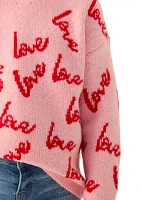 Girls 7-16 Allover Script Love Cozy Crew Neck Sweater