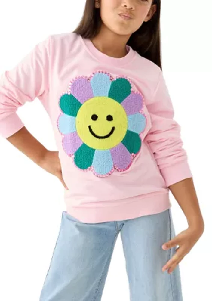 Girls 7-16 Crew Neck Sweatshirt with Sunflower Smile Appliqué