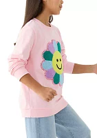 Girls 7-16 Crew Neck Sweatshirt with Sunflower Smile Appliqué