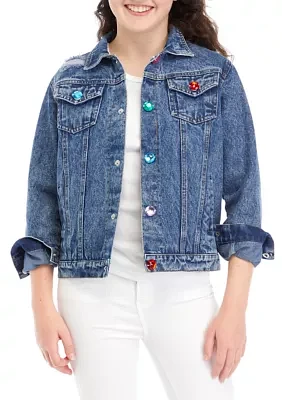 Girls 7-16 Denim Jacket with Love Appliqué