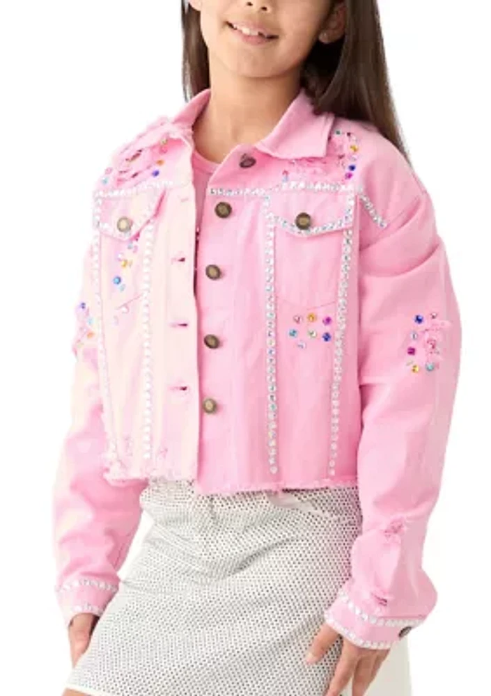 Girls 7-16 Bling Destructed Denim Jacket