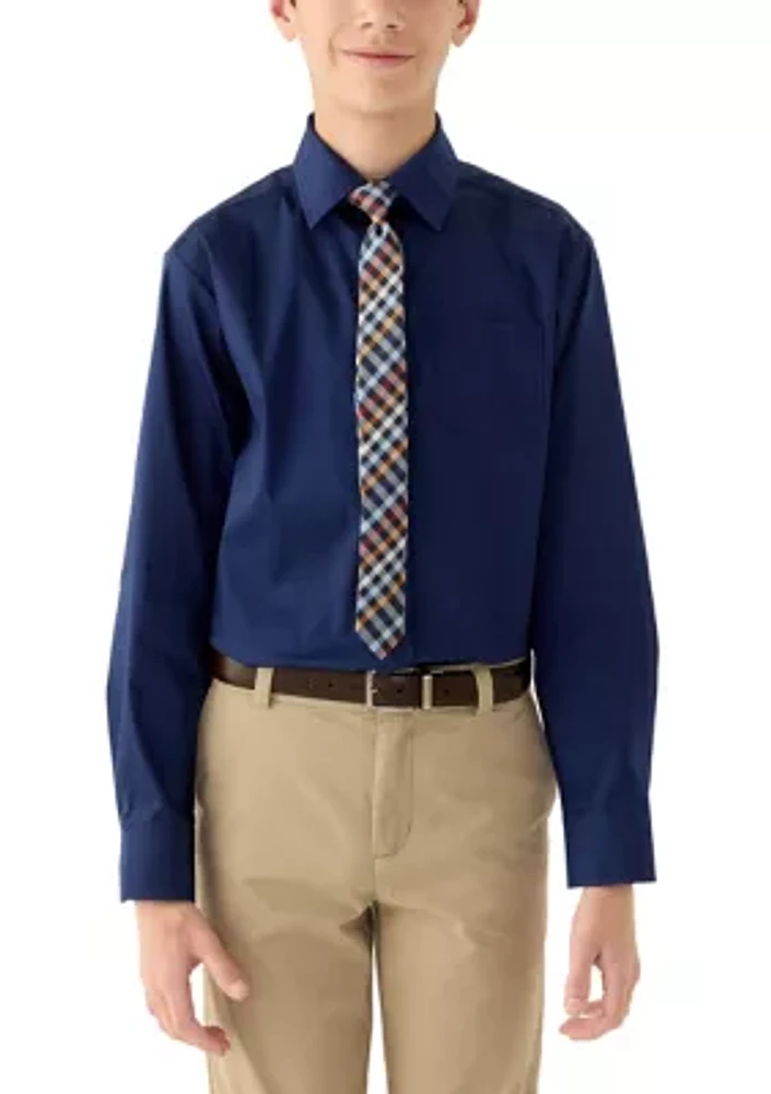 Boys 8-20 Long Sleeve Stretch Solid Poplin Shirt and Tie