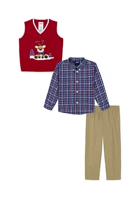 Boys 4-7 Reindeer Scene Twill Sweater Vest Set