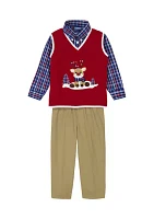 Boys 4-7 Reindeer Scene Twill Sweater Vest Set