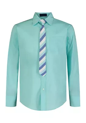 Boys 8-20 Long Sleeve Stretch Solid Poplin Shirt & Tie