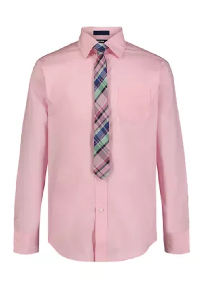 Boys 8-20 Long Sleeve Stretch Solid Poplin Shirt & Tie