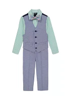 Boys 8-20 Dark Blue Linen Like Vest Set with Bowtie