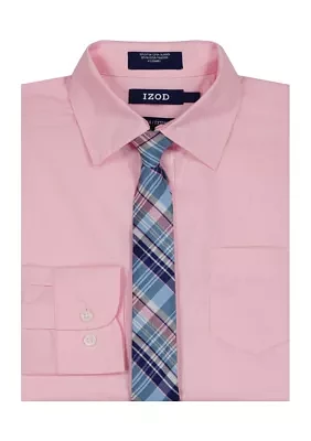 Boys 8-20 Long Sleeve Stretch Solid Poplin Shirt & Tie