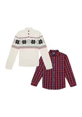 Boys 8-20 Snowflake 3-Button Sweater and Dress Shirt Set