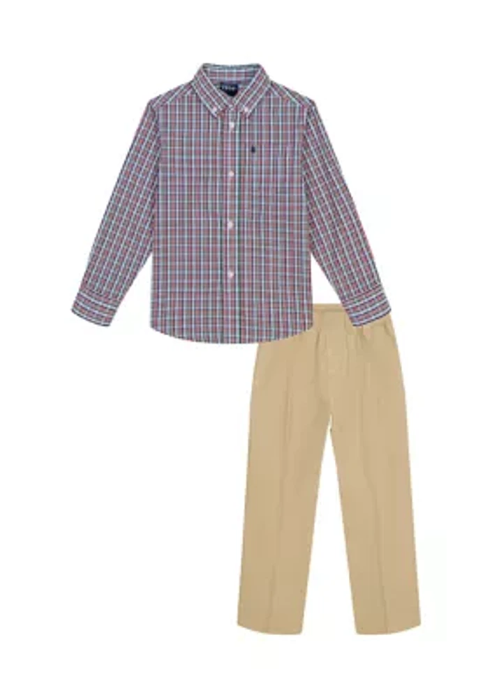 Boys 4-7 Long Sleeve Knotting Hill Plaid Shirt with Twill Pants Set