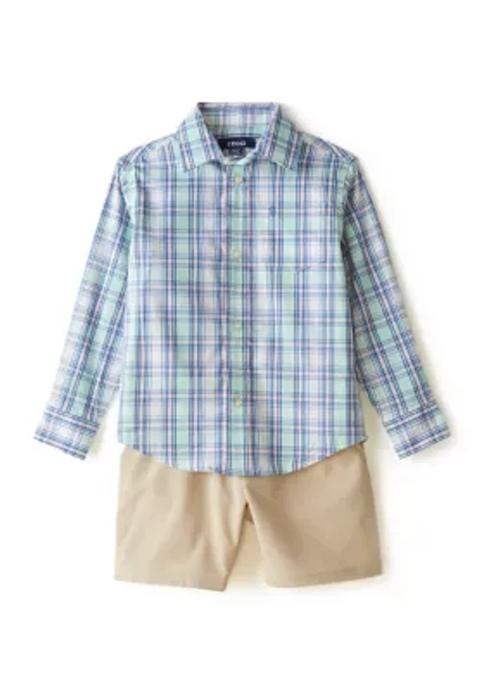 Boys 4-7 Long Sleeve Spring Plaid Shirt and Performance Shorts Set