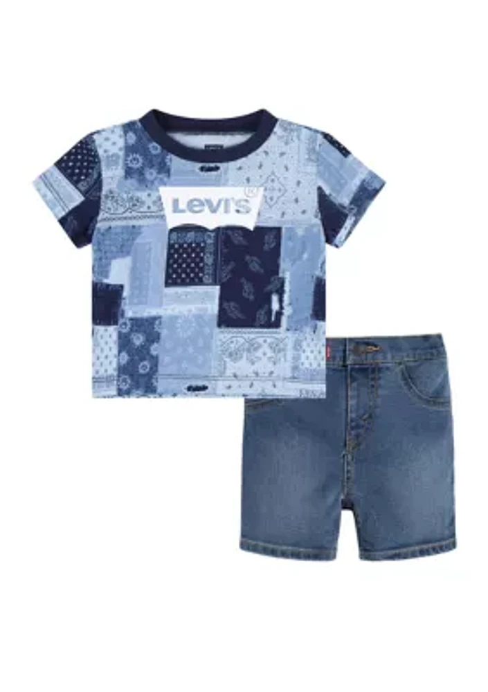 Boys 4-7 Allover Printed T-Shirt and Denim Shorts Set