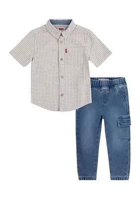 Boys 8-20 Gingham Shirt and Denim Joggers Set