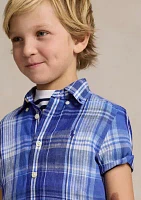 Boys 2-7 Plaid Linen Short Sleeve Shirt