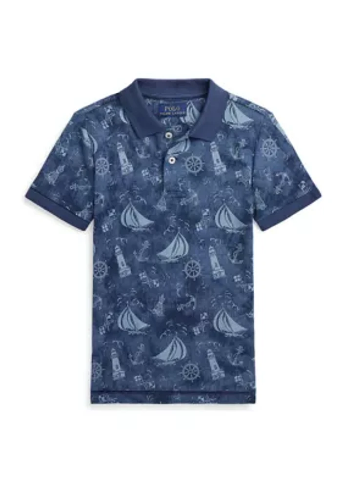 Boys - Nautical Printed Cotton Mesh Polo Shirt