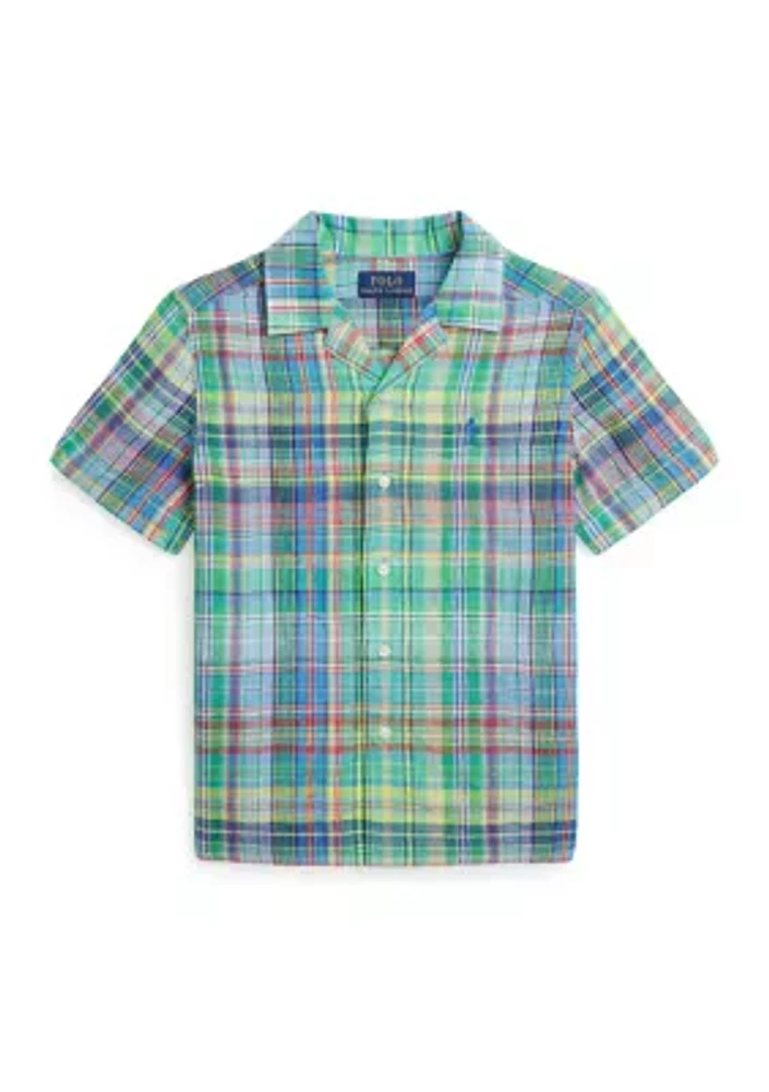 Boys - Plaid Linen Camp Shirt