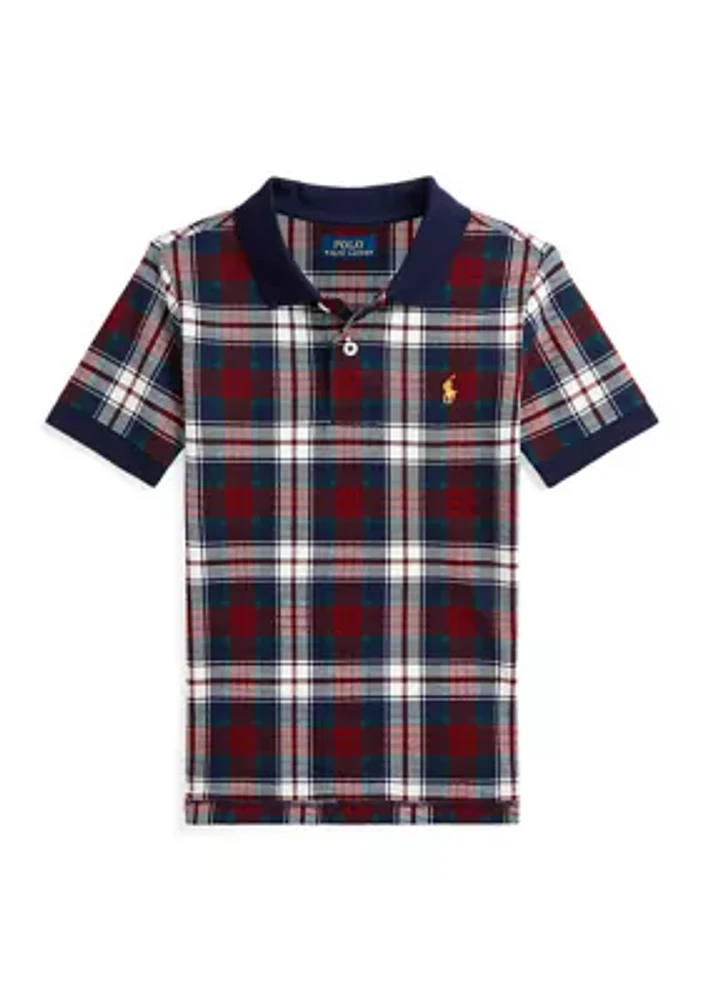 Boys - Plaid Cotton Mesh Polo Shirt