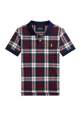 Boys - Plaid Cotton Mesh Polo Shirt