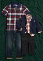 Boys - Plaid Cotton Mesh Polo Shirt