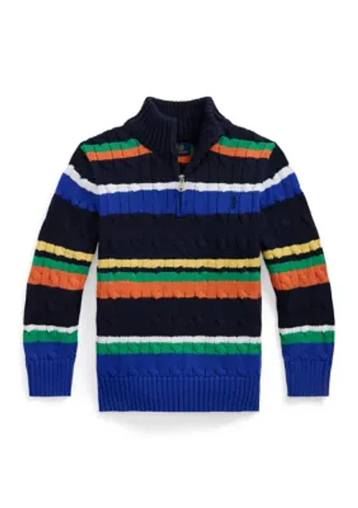 Boys - Striped Cotton 1/4 Zip Sweater