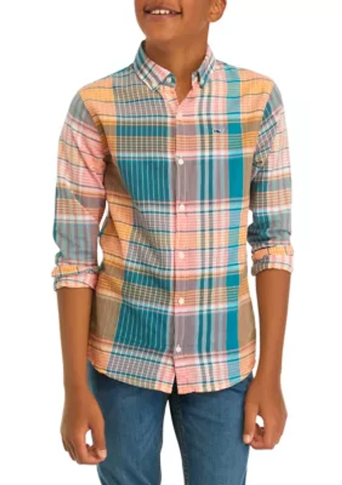 Boys 8-20 Plaid Madras Whale Shirt