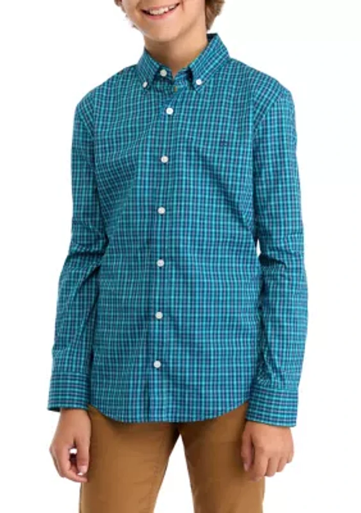 Boys 8-20 Woven Poplin Gingham Printed Shirt