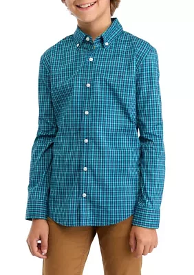 Boys 8-20 Woven Poplin Gingham Printed Shirt