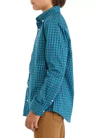 Boys 8-20 Woven Poplin Gingham Printed Shirt